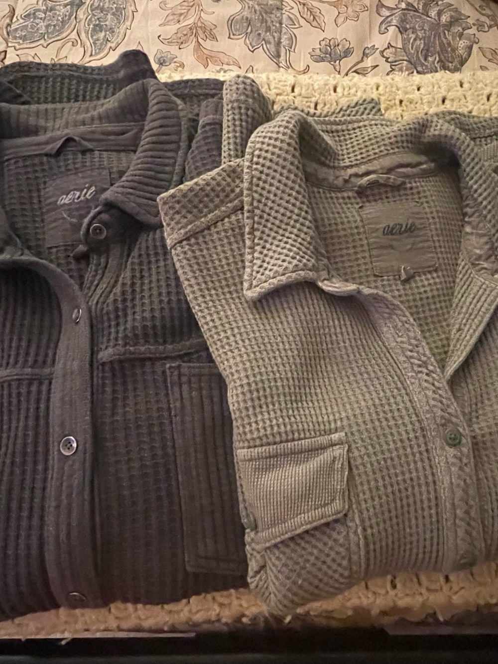 aerie Waffle Knit Utility Jackets in Gray and Olive Green